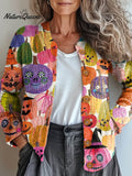 Women's Halloween Pumpkin Art Print Buttoned Cardigan Sweater