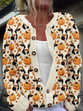 Women's Pumpkin Cow Pattern Art Print Buttoned Cardigan Sweater