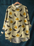 Women's Vintage Floral Raven Art Print Casual Cotton And Linen Ruffle Shirt
