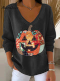 Women's Funny Pumpkin Halloween Pattern Art Print Casual Pullover Sweater