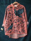 Women's Vintage Floral Raven Pattern Art Print Casual Cotton And Linen Ruffle Shirt