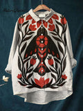 Women's Vintage Floral Raven Pattern Art Print Casual Cotton And Linen Ruffle Shirt