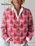 Women's Christmas Tree Art Print Buttoned Cardigan Sweater