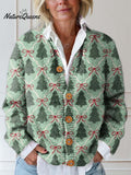 Women's Christmas Tree Art Print Buttoned Cardigan Sweater