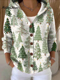 Women's Lovely Christmas Tree Art Printed Casual Hooded Button Sweater