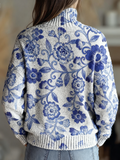 Women's Vintage Lovely Floral Art Print Knit Turtleneck Pullover Sweater