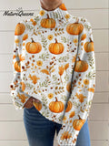 Women's Retro Halloween Autumn Pumpkin Print Knit Turtleneck Pullover Sweater