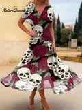 Women's Rose Skull Print Cotton Dress