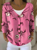 Pink Halloween Style Print Buttoned V-neck Cardigan Sweater