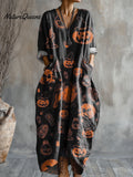 Women's Halloween Pumpkin Art Pattern Print Pocket V-neck Cotton Dress