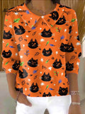 Women's Halloween Black Cat Pattern Casual Peter Pan Collar 3/4 Sleeve Sweater