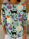 Women's Halloween Mixed Cat Pattern Print Casual Pullover Sweater
