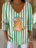Women's Striped Kitten And Fish Print Casual Pullover Sweater