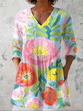 Women's Floral Art Print Casual Linen V-neck Shirt