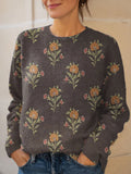 Vintage Flower Art Print Knit Pullover Sweater