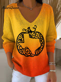 Women's Vintage Gradient Pumpkin Art Print Casual Pullover Sweater
