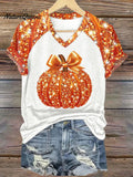 Women's Vintage Shiny Pumpkin Art Print V-neck Casual T-Shirt