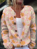 Vintage  Pumpkin Art Print Buttoned Cardigan Sweater