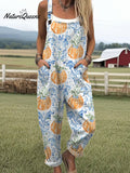 Women's  Vintage Pumpkin Art Print Casual 100% Cotton Wide Leg Jumpsuit