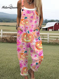 Women's  Vintage Pumpkin Art Print Casual 100% Cotton Wide Leg Jumpsuit