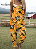 Women's  Vintage Pumpkin Art Print Casual 100% Cotton Wide Leg Jumpsuit