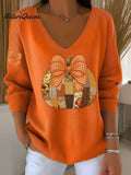 Women's Vintage Pumpkin Art Print Casual Pullover Sweater