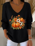 Women's Vintage Pumpkin Art Print Casual Pullover Sweater