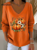 Women's Vintage Pumpkin Art Print Casual Pullover Sweater