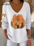 Women's Vintage Pumpkin Art Print Casual Pullover Sweater