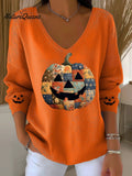 Women's Vintage Pumpkin Art Print Casual Pullover Sweater