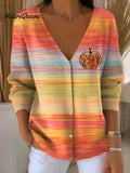 Autumn Gradient Striped Vintage Pumpkin Art Print Buttoned V-neck Cardigan Sweater