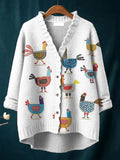 Women's Funny Chicken Art Print Casual Pullover Sweater