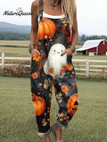 Women's Ghost Pumpkin Art Print Casual 100% Cotton Wide Leg Jumpsuit