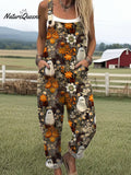 Women's Ghost Flower Art Print Casual 100% Cotton Wide Leg Jumpsuit