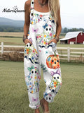Women's Ghost Pumpkin Art Print Casual 100% Cotton Wide Leg Jumpsuit