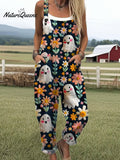 Women's Ghost Flower Art Print Casual 100% Cotton Wide Leg Jumpsuit
