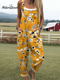 Women's Ghost Flower Art Print Casual 100% Cotton Wide Leg Jumpsuit