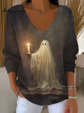 Women's  Vintage Ghost Art Print Casual Pullover Sweater