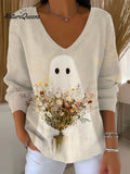 Women's  Vintage Ghost Art Print Casual Pullover Sweater