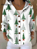 Women's  Christmas Tree Art Printed Casual Hooded Button Sweater