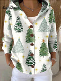 Women's  Christmas Tree Art Printed Casual Hooded Button Sweater