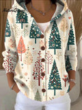 Women's  Christmas Tree Art Printed Casual Hooded Button Sweater