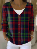 Vintage Christmas Plaid Art Print Buttoned V-neck Cardigan Sweater