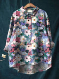 Women's Small Floral Floral Texture Print Casual Cotton And Linen Shirt
