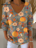 Women's Floral Pumpkin Painting Art Print Casual Pullover Sweater