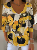 Women's Halloween Pumpkin Cat Drawing Art Print Casual Pullover Sweater