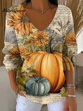 Women's Floral Pumpkin Painting Art Print Casual Pullover Sweater