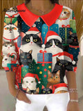 Women's Beautiful Christmas Gift Cat Painting Art Print Casual Peter Pan Collar 3/4 Sleeve Sweater