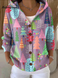 Women's Cute Colorful Winter Christmas Tree Art Print Casual Hooded Button Sweater
