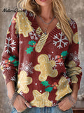 Cute Winter Christmas Pattern Art Print Knit V-neck Pullover Sweater